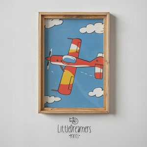 Arte de la pared de la guardería del avión, cartel de aviación de la habitación de los niños, arte imprimible del avión rojo, decoración del pequeño piloto, regalo del niño del bebé, arte temático de la aventura del cielo