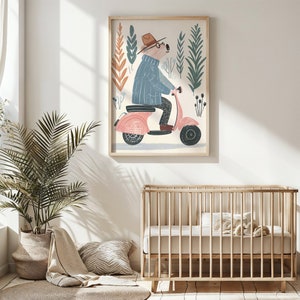 Arte de la pared de la guardería Oso en scooter: carteles para niños con formas juguetonas, decoración moderna en tonos neutros, nueva idea de regalo para bebés, obras de arte imprimibles