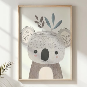 Koala Kunstdruck, Kinderzimmer Dekor, Tier Poster mit Blättern, druckbare Wandkunst, Baby-Dusche-Geschenk, neutrale Farben Kinderzimmer Dekor