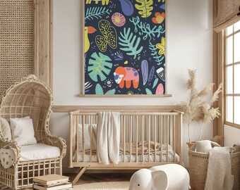 Tropical Jungle Nursery Wall Art ~ Kids Posters Decor ~ Printable Instant Downloadable ~ Vibrant Animal and Botanical Illustration