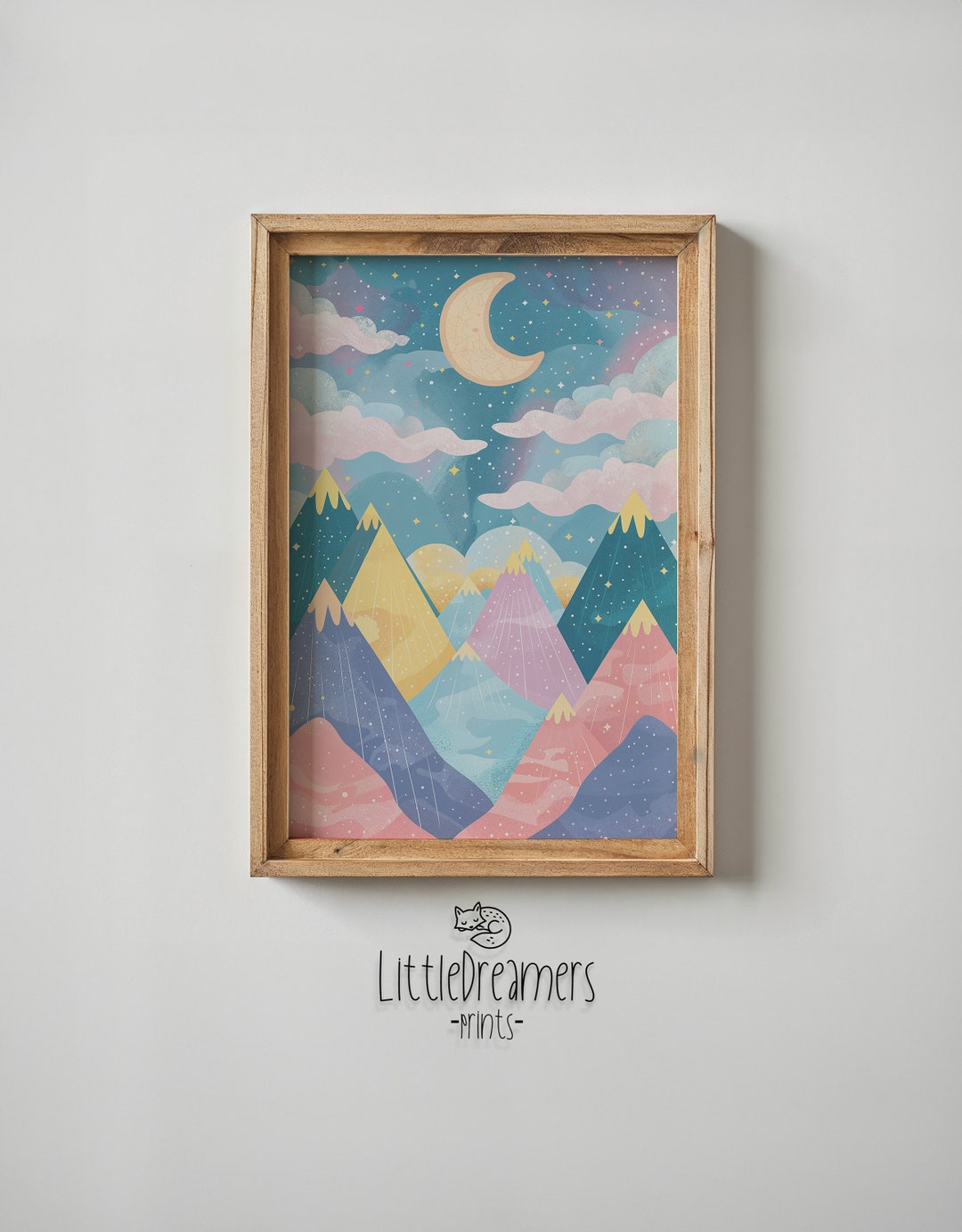 Whimsical Mountain Night Sky Wall Art, Moon and Stars Nursery Printable ...