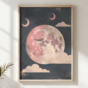Sleeping Crescent Moon Print, Celestial Nursery Wall Art, Kids Space Themed Poster, Printable Whimsical Night Sky Decor, Baby Room Gift