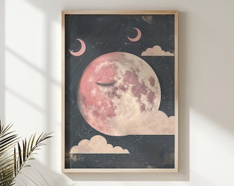 Slapende halve maan print, hemelse kwekerij kunst aan de muur, Kids ruimte thema poster, afdrukbare grillige nachtelijke hemel decor, babykamer cadeau