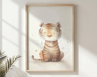 Impresión de acuarela de cachorro de tigre, arte de la pared de la guardería, cartel de niños de animales de safari, ilustración de tigre imprimible, regalo de decoración de guardería neutral