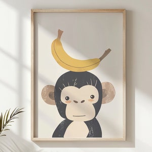 Affe und Banane Kinderzimmer Wandkunst, Kinderzimmer Dekor, Tierthema Poster, druckbares Kunstwerk, verspieltes Kinderzimmer Dekor Geschenk, neutrale Töne