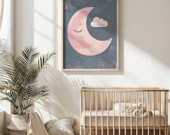Sleepy Moon en Cloud Nursery Wall Art Print, Kinderkamer Decor Poster, Roze en Marineblauw, Afdrukbare Instant Download, Baby Shower Cadeau Idee