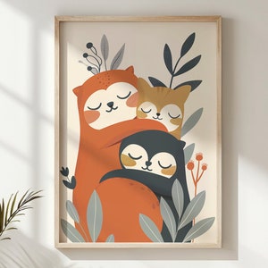 Ilustración de abrazos de animales del bosque, arte de la pared de la guardería, cartel lindo de criaturas del bosque, decoración de la habitación de los niños, arte imprimible, colores cálidos, idea de regalo