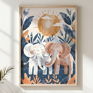 Elefant Kinderzimmer Wandbild, Safari Tiere Kinder Poster, Dschungel Thema Baby Zimmer Dekor, Sonne und Laub Illustration, Druckbare Kunst Geschenk