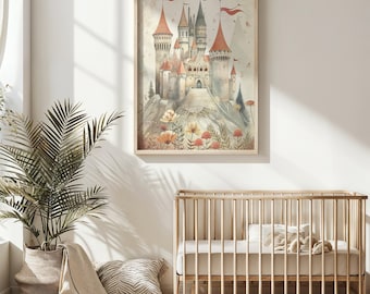 魔法の城のプリント、おとぎ話の保育園の壁アート、子供向けファンタジーポスター、印刷可能な魔法の王国の装飾、ギフト、ストーリーブックのイラスト