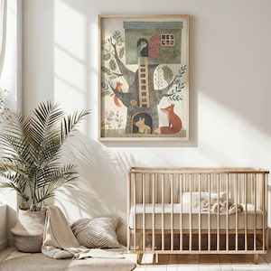 Waldtiere Kinderzimmer Wandkunst, Kinder Poster Dekor Geschenk, Fabel Fuchs Eichhörnchen Baumhaus druckbare Kunst, wunderliche Waldtiere Druck