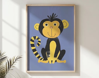 Monkey Nursery Wall Art Print, Kids Room Decor, Playful Animal Poster, Printable Jungle Theme, Baby Shower Gift Instant Download Yellow Blue