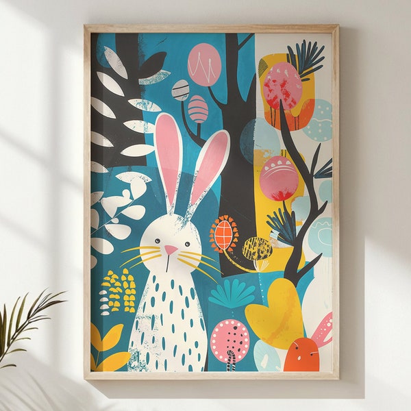 Easter Bunny Nursery Wall Art, Kids Spring Poster, Printable Whimsical Rabbit Decor, Colorful Easter Egg Artwork, Nursery Decor Gift