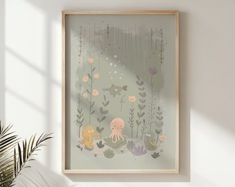 Underwater Ocean Animals Nursery Wall Art, Kids Sea Creatures Posters Decor, Printable Instant Download, Neutral Tones, Gift for Children