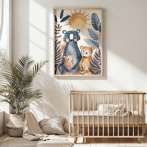 Arte de la pared del vivero de la familia del oso, decoración de la habitación de los niños, cartel del oso imprimible, arte animal del bosque, ilustración del sol, regalo de la ducha del bebé, decoración de la guardería