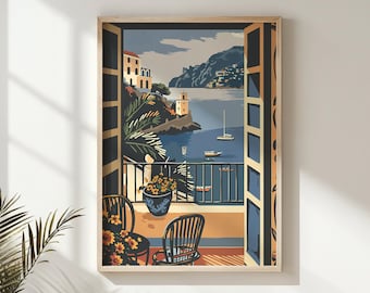 Coastal View Terrace Printable, Mediterranean Seascape Wall Art, Nursery Wall Art Kids Posters, Home Decor Gift, Digital Download Print