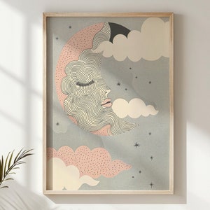 Moon and Stars Nursery Wall Art, Celestial Kids Room Decor, Printable Whimsical Night Sky Poster, Baby Room Art Print with Pink Accents Gift