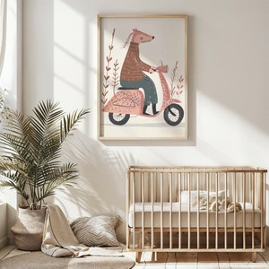 Arte de la pared de la guardería, animal juguetón en scooter, cartel de decoración de la habitación de los niños, impresión de la guardería neutral de género, regalo de decoración de la pared de la habitación del bebé, arte imprimible