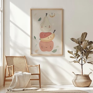 Fruit Friends Nursery Wall Art, Kids Smiling Pear Apple Poster, Playful Orange Decor, Instant Download Printable, Children’s Room Gift