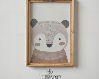 Woodland Bear Nursery Wall Art Print, Kids Room Decor, Animal Poster for Baby, Printable Artwork, Neutral Tones, Bear Illustration Gift Idea