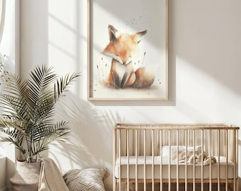 Fox Nursery Wall Art, Watercolor Baby Fox Print, Woodland Animal Kids Poster, Printable Nursery Decor, Baby Shower Gift, Neutral Colors