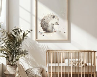 Hedgehog Nursery Wall Art Print, Woodland Animal Kids Poster, Beige Watercolor Printable, Baby Room Decor Gift, Instant Download Art