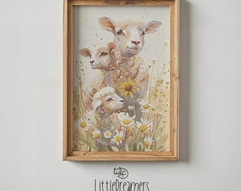 Spring Lamb Nursery Wall Art Print, Baby Sheep & Floral Poster, Farm Animal Kids Room Decor, Printable Instant Download, Gift for Easter