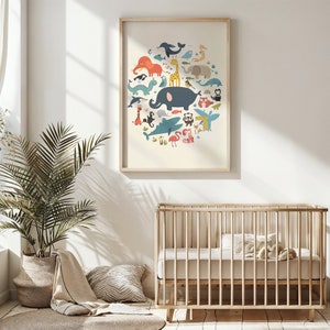 Safari Tier Kinderzimmer Wandkunst, Kinder Zoo Tiere Poster Dekor, druckbare spielerische Dschungel Kunstwerk, Kind Lerngeschenk Sofort Download