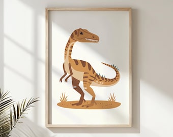 Arte de la pared del dinosaurio, impresión del Velociraptor, decoración del arte de la pared del vivero, cartel de animales prehistóricos, decoración de la habitación de los niños, regalo educativo, arte imprimible