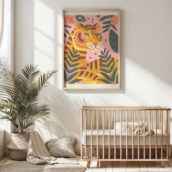 Impresión de la selva del tigre - Arte de la pared de la guardería - Cartel de animales para niños - Obras de arte imprimibles - Ilustración caprichosa del gato salvaje - Decoración de la habitación de los niños