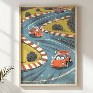 Racing Car Print, Boys Room Decor Nursery Wall Art Kids Posters Gift Race Track Printable Instant Digital Download Vibrant Colors