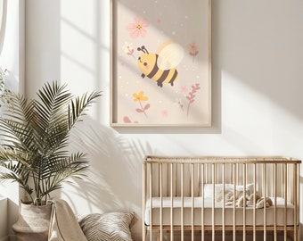 Arte de la pared del vivero de abejorros, decoración de la habitación de los niños, cartel imprimible del tema de la primavera, arte de la pared del bebé floral pastel, regalo de descarga instantánea