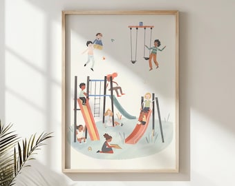 Children Playing Playground Print Nursery Wall Art Kids Playtime Poster Colorful Park Scene Decor Playground Equipment Kids Room Decor Gift