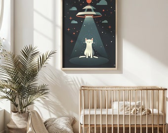宇宙猫の保育園の壁アート、子供部屋の印刷可能なポスター、気まぐれな宇宙の装飾、エイリアンUFOアート、即時ダウンロード、装飾ギフト