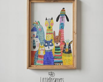 Colorful Animal Friends Nursery Wall Art, Kids Room Decor, Playful Creatures Poster, Printable Art for Children, Baby Shower Gift Idea