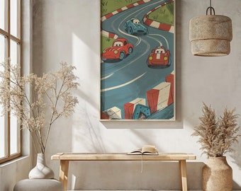 May include: A vintage-style illustration of three cartoon cars racing on a blue track with red and white barriers. The cars are red, blue, and red. The illustration is framed in a light wood frame.