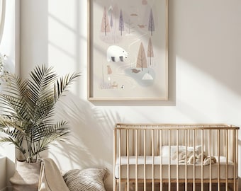 Woodland Kinderzimmer Wandkunst, Eisbär und Waldtiere Druck, Kinderzimmer Dekor, neutrale Farben Poster, druckbare Wandkunst Geschenk