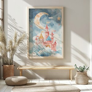 Enchanted Castle Print, Nursery Wall Art, Fairytale Kids Poster, Dreamy Moonlit Castle Decor, Watercolor Instant Downloadable Gift