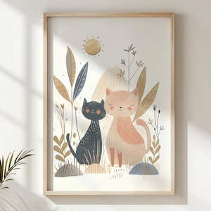 Dos gatos en el arte de la pared del vivero de la naturaleza, decoración de la habitación de los niños, cartel de gatitos juguetones, arte imprimible, estampado de animales caprichoso, regalo para los amantes de los gatos