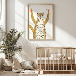 Fröhliche Geparden Kinderzimmer Wandkunst, Kinder Safari Tier Poster, druckbare Kunst für Kinderzimmer Dekor, einzigartiges Geschenk für Kinder, Dschungel-Thema