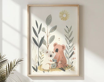 Koala Family Print, Nursery Wall Art Kids Posters Decor Gift Australian Animals Printable Neutral Tones Baby Koala Illustration