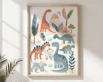 Dinosaur Nursery Wall Art, Kids Dinosaur Posters Decor Gift, Printable Watercolor Dinosaurs, Prehistoric Animals Playroom Wall Print