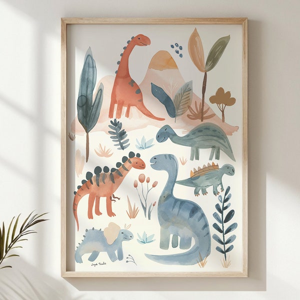 Dinosaur kwekerij kunst aan de muur, Kids dinosaurus posters decor cadeau, afdrukbare aquarel dinosaurussen, prehistorische dieren speelkamer muur print