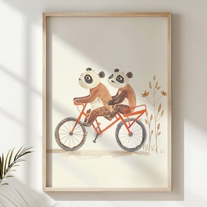 Panda Bears on Bicycle Nursery Wall Art, Kids Room Poster, Playful Animal Print, Printable Wall Decor, Neutral Tones, child Gift