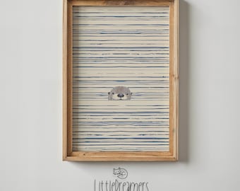 Arte de la pared del vivero de nutria, cartel de animales para niños imprimible, fondo de rayas náuticas, regalo de decoración del vivero del océano con impresión de nutria para nuevos padres
