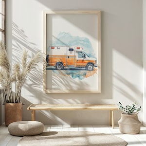 Emergency Vehicle Nursery Wall Art, Kids Poster Ambulance Print Watercolor Transport Decor Gift Printable Digital Download