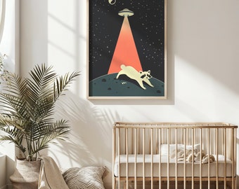 宇宙アライグマ UFO 保育園の壁アート、子供部屋エイリアンポスター、印刷可能な SF テーマの装飾、赤ちゃんの宇宙プリント子供寝室アートギフト
