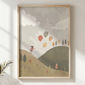 Impresión de niña con globos, arte de la pared de la guardería, decoración de la habitación del niño, carteles para niños, ilustración de la naturaleza de la escena al aire libre lúdica, regalo de arte imprimible