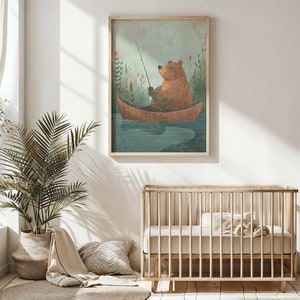 Impresión de arte de canoa de pesca de oso del bosque, arte de la pared de la guardería, decoración de la habitación de los niños, cartel de animales imprimible descarga digital rústico al aire libre tema regalo