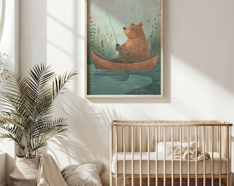 Woodland Bear Fishing Canoe Art Print, Nursery Wall Art, Kids Room Decor, Animal Poster Printable Digital Download Rustic Outdoor Theme Gift