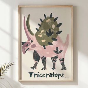 Dinosaur Nursery Wall Art, Triceratops Kids Poster, Prehistoric Animal Print Decor, Playful Paleontology, child Room Gift Idea
